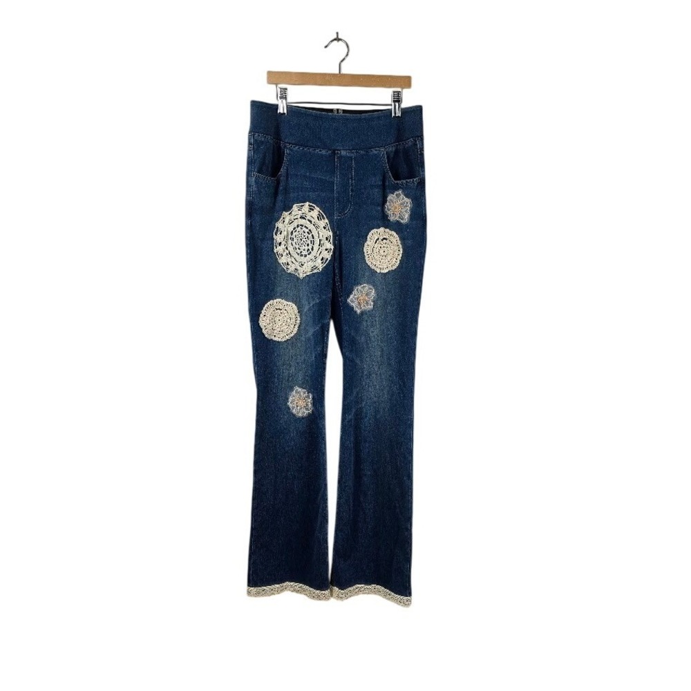 Halara Flare Jeans Womens LT Blue Upcycled Crochet Lace Boho Pull‎ On Denim